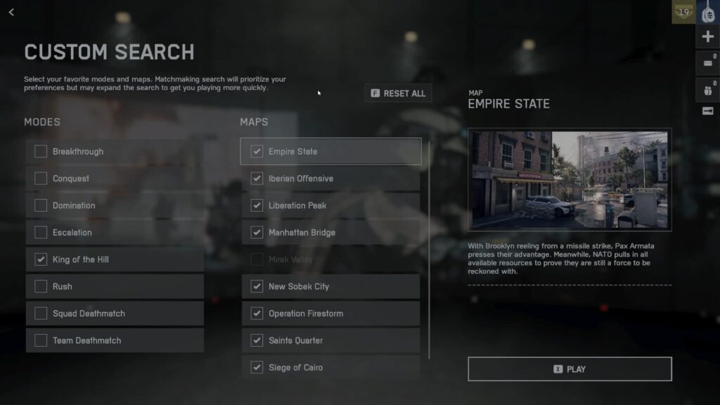 Custom search menu with mode set to King of the hill and Any Map set