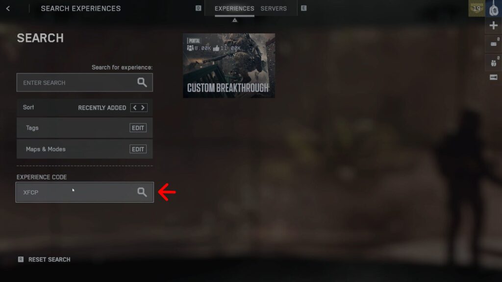 Experiences tab open with search term being XFCP