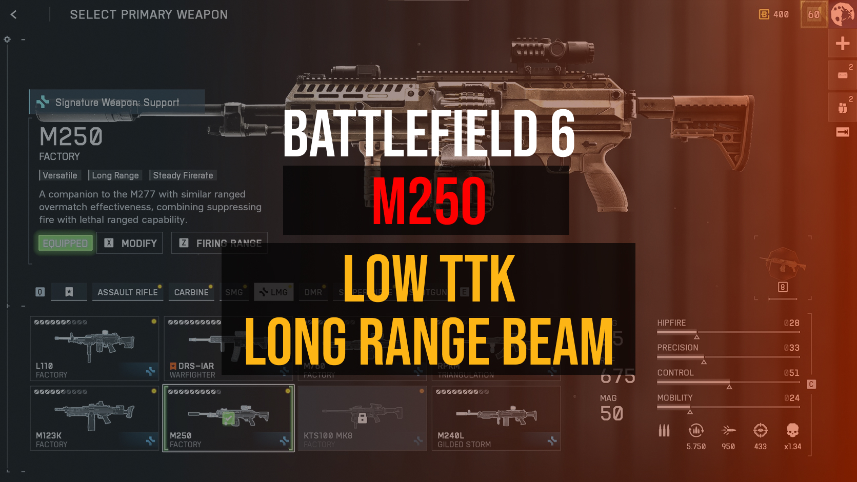 battlefield 6 m250 low ttk long range beam